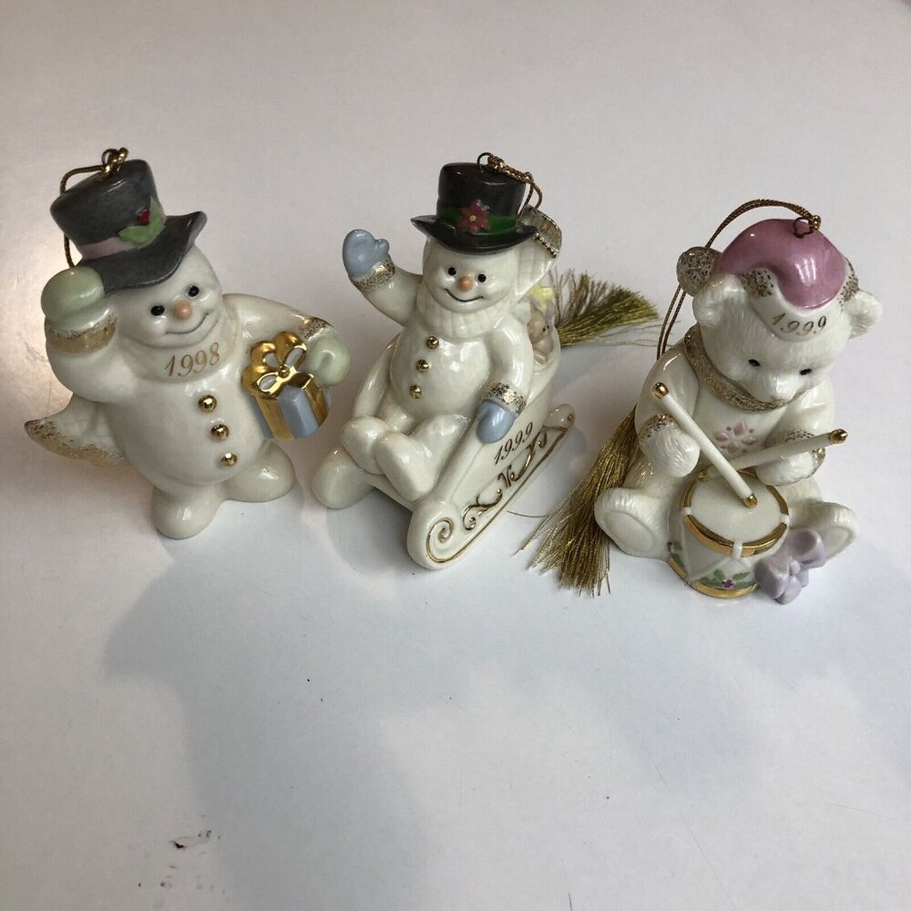 3 LENOX 1999  & 1998 ANNUAL ORNAMENTS SNOWMAN IN A SLED, Standing And Teddy Wish